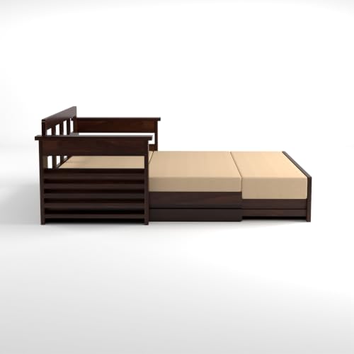 Image of PS DECOR Solid Sheesham Wood 3 Seater Sofa Cums Bed with Cane Panel | Wooden Sofa Bed with Cushioned Seating & Backrest