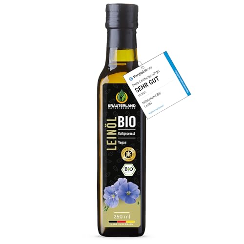 Kräuterland Bio Leinöl 250ml, Bio Leinsamen, kaltgepresst, mild & nussig, reich an Lignane und Omega 3-6-9 Fettsäuren, naturrein ohne Zusatzstoffe, glasflasche, mühlenfrisch