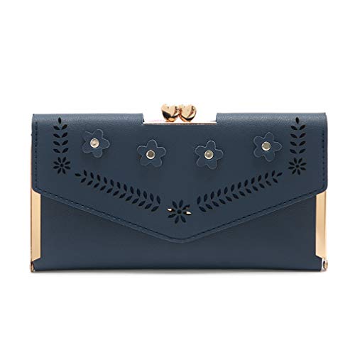 Preisvergleich Produktbild LWANFEI Hollow Flowers Wallet Damenhandtaschen mit weichem Reißverschluss Kartenhalter Lange Geldbörse Geschenk, Dunkelblau