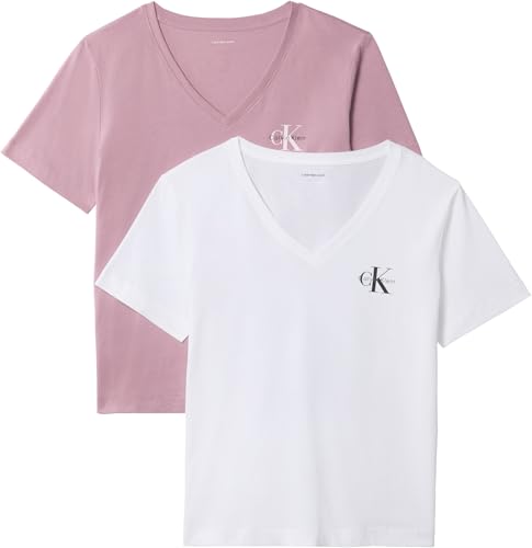 Calvin Klein Damen T-Shirt mit A-Logo Vn, 2er-Pack, Lv047C906G, Rot (Hellweiß/Rhododendron), Größe M – Ansicht 1