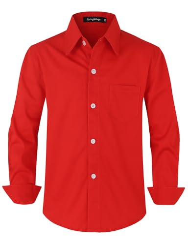 Spring&Gege Chicos Uniforme Escolar Color Sólido Manga Larga Abotonar Camisa para Niño, Rojo, 11-12 Años
