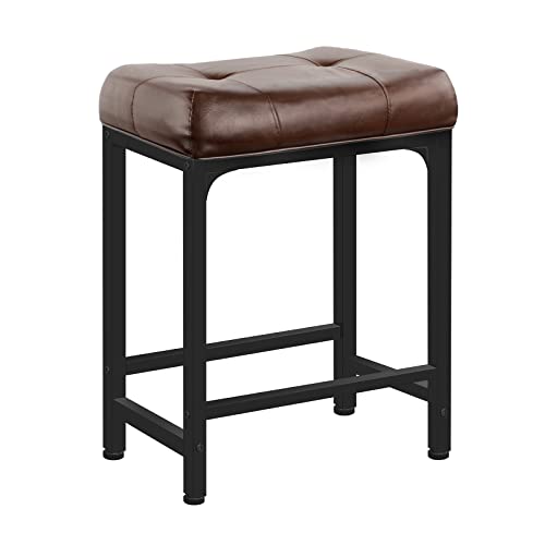 Aheaplus Bar Stool, 24 Inch Counter-Height Stools Saddle Stool, PU Leather Barstools with Metal Base, Thick Cushion, Footrest, Backless Stools for Dining Room Kitchen Island, Counter, Pub, Bar, Brown