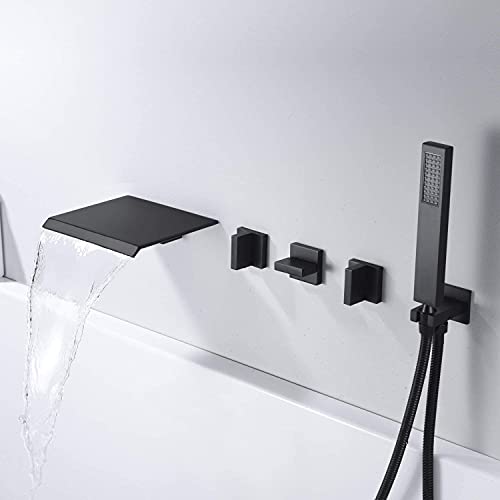 Wall Mount Waterfall Tub Filler Faucet With Hand Shower High Flow Matte Black Bathtub Faucet,Sumerain #TOP2