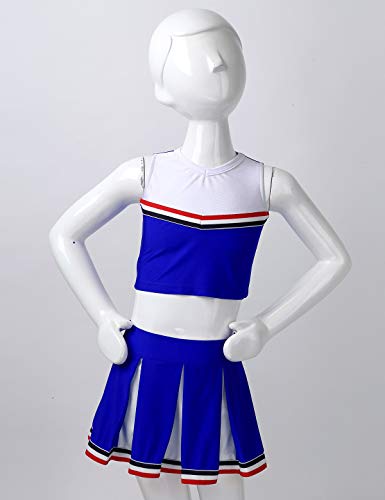 QinCiao Kids Girls Cheer Leader Uniform Cheerleading Costume School Musical Sleeveless Crop Top with Pleated Skirt Set Blue 12 - Thumbnail 5