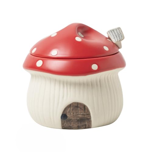 Sizikato Porcelain Condiment Pot with Lid and Spoon, 12oz Salt Bowl Sugar Bowl for Kitchen, Mushroom House Shape