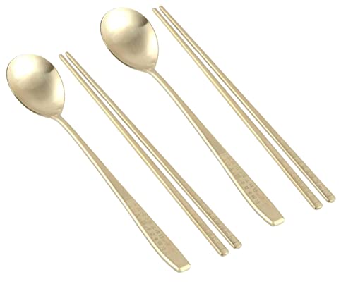 Korean Chopsticks Spoon 2 Set - METAL STAINLESS STEEL Titanium Plating -Printed Hangul Characters (Hangul-Gold)