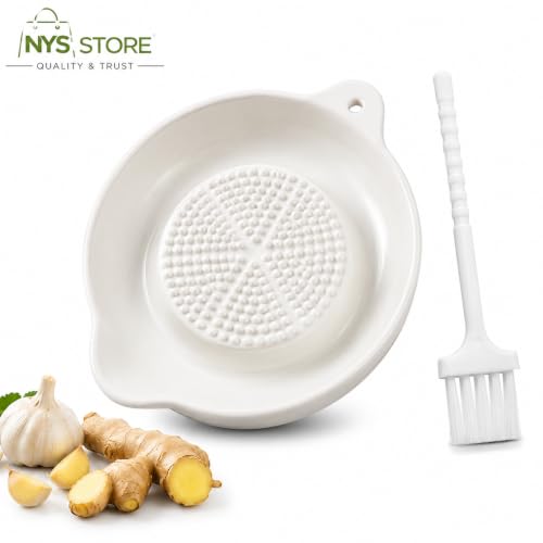 Image of Garlic Ginger Grinder Plate with Filter & Pour Spout | Manual Mini Grater Dish with Brush | Ceramic Grinding Bowl for Garlic, Ginger, Vegetables, Baby Food & Sauce Making
