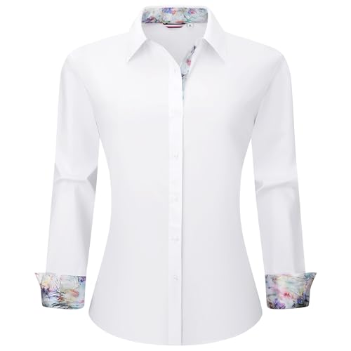 WARHORSEE Womens Cotton Button Down Dress Shirt Long Sleeve Easy Care Dressy Work Tops Business Casual Blouses for Women,White,l
