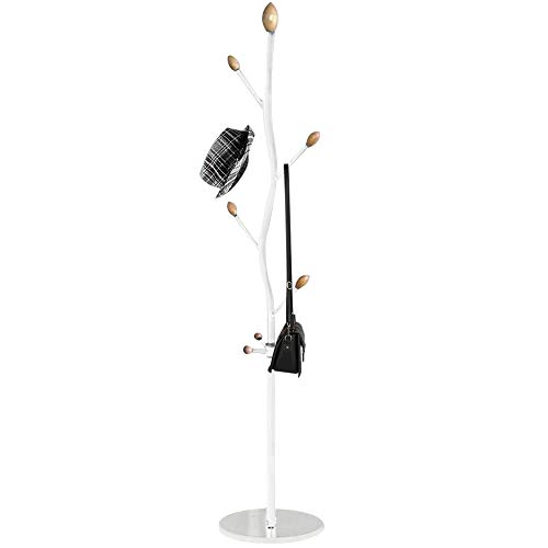 BAKAJI Attaccapanni Appendiabiti Design Albero a Piantana da Terra in Metallo con 8 Ganci Appendi Abiti e Base in Marmo Dimensione 38 x 38 x 175 cm (Bianco)
