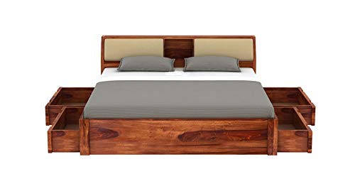 Image of Sheesham Solid Wood Honey Finish Walken King Size Bed Open Dual Storage for Bedroom Room (King, Honey)