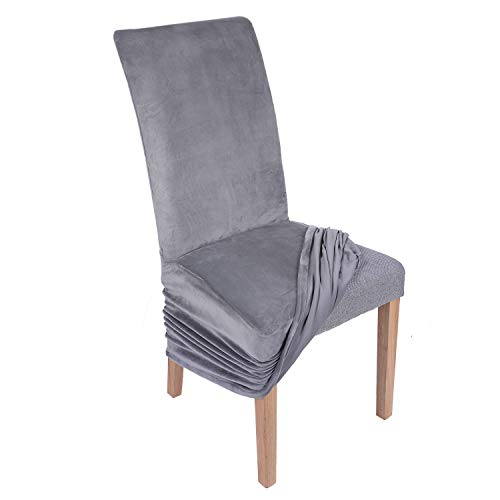 Colorxy Velvet Stretch Chair Covers For Dining Room, Soft Removable Long Solid Dining Chair Slipcovers Set Of 2, Dark Gray #TOP3