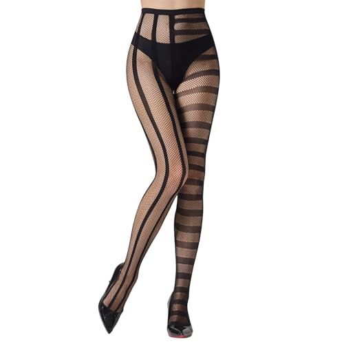 MANZI Halloween Patterned Fishnet Tights for Women Gothic Striped Clown Tights One Size Black Horizontal Stripe