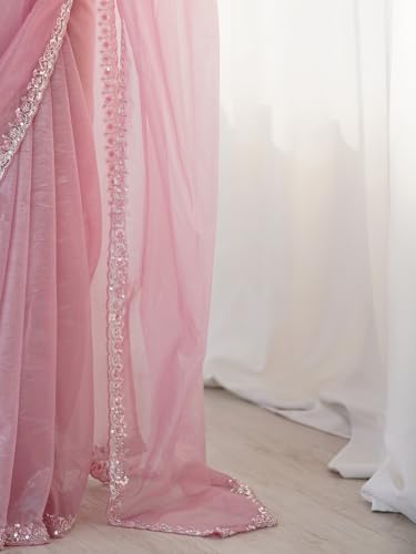 Image of AKHILAM Women's Net Embellished Saree With Unstitched Blouse Piece (AARYAN17101 KR Parent)