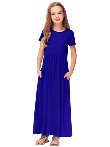 Image of Deerose Girls Maxi Dress Short Sleeve Casual Long Dresses with Pockets 5-14 Years