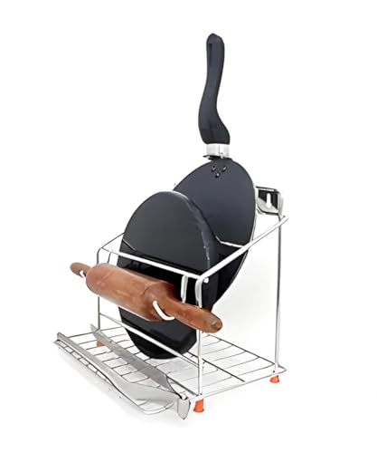 NH10 DESIGNS 4-in-1 Stainless Steel Chakla Belan Tawa Chimta Stand for Kitchen - Wall Mount Rack for Rolling Pin, Board, Tong Holder (NHSP)