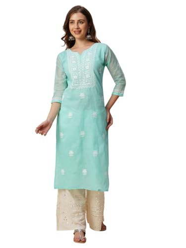 Image of RATAN Muga Cotton Straight Lucknowi Chikankari Ethnic Wear Kurta for Women