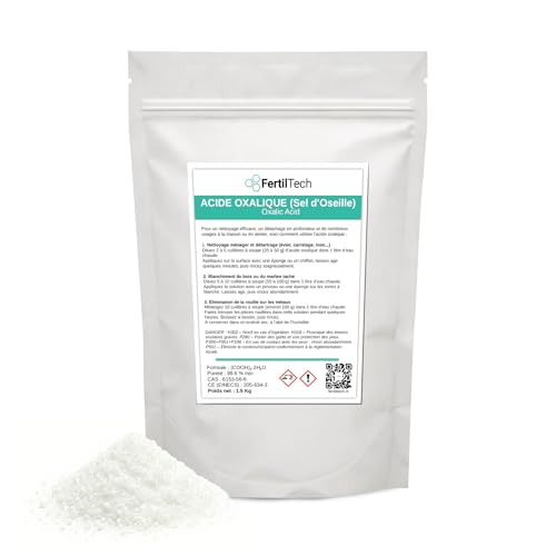 FertilTech Ácido Oxálico 1,5 kg - Sal de acedera ultra pura ≥99,6% | Potente limpiador para madera gris, mármol, aluminio, metales, suelos | Uso en el hogar, bricolaje, renovación, taller