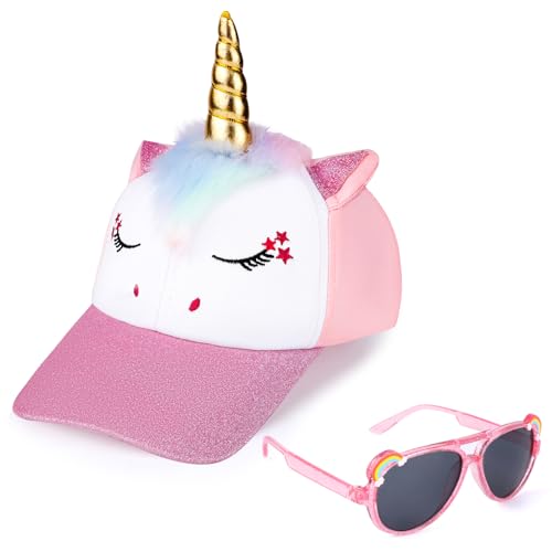 Image of Hifot Unicorn Baseball Cap Sunglasses Set for Kids, Cute Unicorn with Horn Trucker Hat Adjustable Baseball Hat Girls Gift for Summer Outdoor Sports Travel Hat Pink