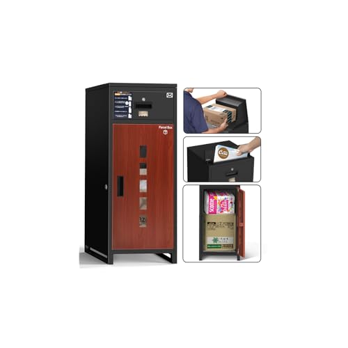 【複数投函/ポスト一体型/135L大容量 】宅配ボックス 屋外 防水 宅配BOX 組立不要 大型 郵便受け 置き配 配達ボックス 両開扉 盗難防止 一戸建て用 個人宅 簡単設置 ブラックレッド木目のサムネイル