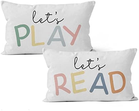 HIWX Let's Read Let's Play Decorative Pillowcase Throw Pillow Cover, Books Inspirational for Sofa Bed Kids Room Classroom Playroom Nursery Home Decor 12 x 20 Inch Set of 2 Pillow Case