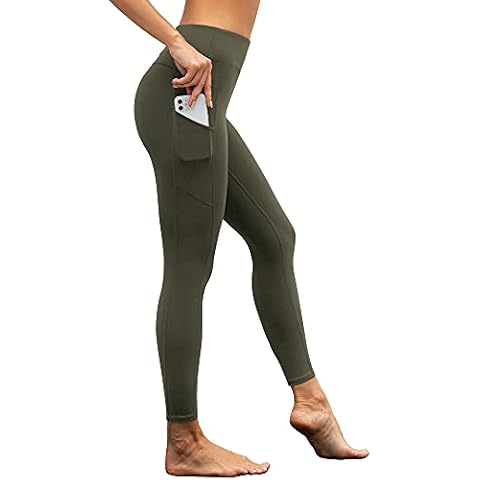 Woolicity Women's High Waist Yoga Pants Tummy Control Workout Sports Running Athletic Leggings with Pocket, Olive Green, Medium Cover