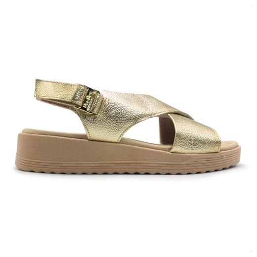 Sandália Usaflex Feminina Couro Salto Anabela Ajuste Fecho-flex Casual Ouro Light Ma10005006 39