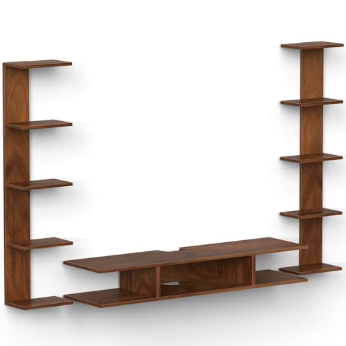Image of BLUEWUD Estoye Standard Engineering Wood Wall Mount TV Entertainment Unit Set Top Box Stand /TV Cabinet Panel with Shelves for Books & Decor Display Unit, Ideal for 50 inch (Brown Maple)