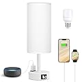 Fenmzee Matte White Bedside Table Lamp for Bedroom - 3 Way Dimmable Touch Lamp USB C Charging Ports and AC Outlet, Small Lamp Round Flaxen Fabric Shade for Living Room, Desk, LED Bulb Included
