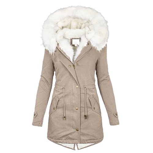 Generisch Damen Winter Winterjacke Mädchen 176 Lange Steppjacke Herbstmantel Mäntel Coat Wintermantel Lang Warm Gefüttert Leicht mit Kapuze Parka Beige S
