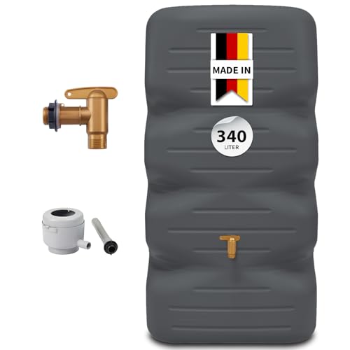 GARANTIA CUBUS Regentonne Komplett-Set 340 Liter Graphite Grey – Kompakter Regenwassertank mit Auslaufhahn + Fallrohranschluss – Platzsparender Gartentank/Wassertonne für Garten & Terrasse