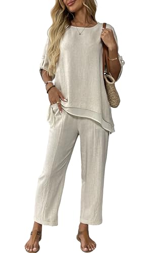 Women's Linen 2 Piece Outfits Rolled Sleeves Tops Wide Leg Trouse...