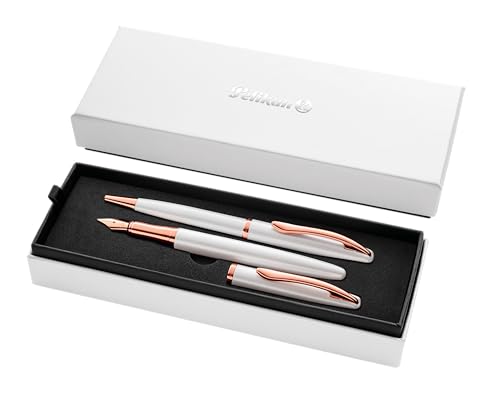 Pelikan, Set de Bolígrafo y Pluma Estilográfica Jazz Nobel Elegance, Diseño Moderno y Sofisticado, Tinta Azul, Con Clip Elástico y Elegante Caja de Regalo, Color Perla