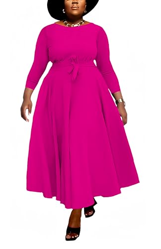 Image of Hostoyo Women Plus Size Formal A Line Maxi Dress Self Tie Waist with Pockets Elegant Round Neck Swing Long Dresses