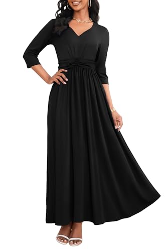 FANDEE Casual Maxi Dress for Women Summer Wtih Pockets 3/4 Sleeve V Neck Elastic High Waist Elegant Pleated A-Line Dresses