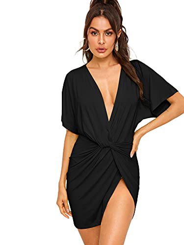 Floerns Women s Deep V Neck Twisted Plunging High Slit Mini Party Dress Black M