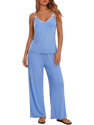 Image of Ekouaer Womens Y2K Cami Pajama Set with Flare Pants, 2 Piece Lace Trim Sleepwear Spaghetti Strap Pjs Set XS-2XL