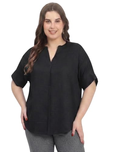Image of SINDOORI Relaxed Fit Tops for Women Plus Size Solid Printed Mandarin Collar, Band Collar, V-Neck Top, Half Sleeve Loose Fit