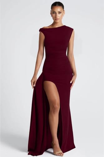 Image of Memoriesea Women's Elegant Off Shoulder Ruched High Split Wedding Party Maxi Dress Burgundy