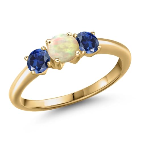 18K Yellow Gold Plated Silver White Ethiopian Opal and Blue Created Sapphire Engagement Ring For Women | 0.80 Cttw | Round Cabochon 5MM | Gemstone October Birthstone | Available in Size 5,6,7,8,9