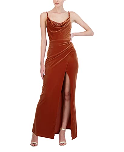 Bcbgmaxazria Women's Fit And Flare Long Evening Gown Adjustable Spaghetti Strap Cowl Neck Sequin Trim Corset Dress, Cinnamon, X-Small #TOP3