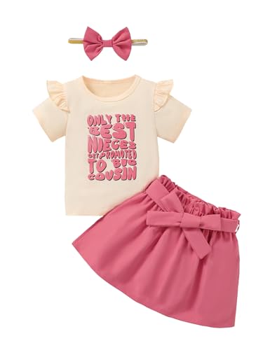 BIRTHDAY SHARK Toddler Girl Only the Best Nieces Get Promoted to Big Cousin Outfit Girl Ruffle Sleeve Summer Skirt Set, Pink, 18-24 Months