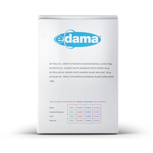 e-dama 50 hojas adhesivas imprimibles A3 (297 x 420 mm), papel fotográfico adhesivo brillante para impresión Inkjet, blanco
