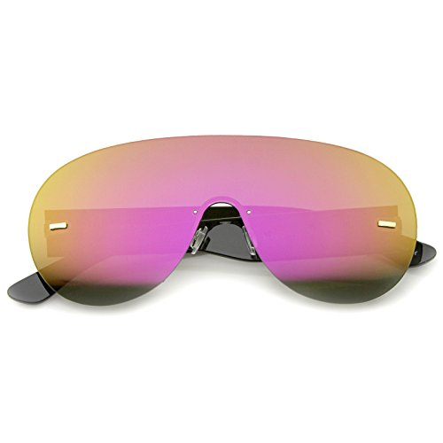 zeroUV Futuristic Rimless Frame Mono Lens Aviator Shield Sunglasses 71mm (Black/Magenta Mirror)