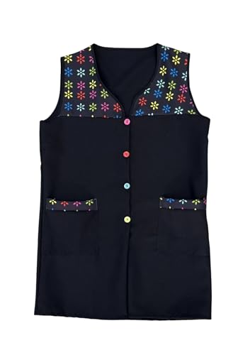 Casaca Escolar Sin Mangas Mujer Botones Multicolor Delantal Mandil Chaleco Estampado Tres Bolsillos Uniforme Maestra Peluquera Auxiliar Limpieza Cuidado Infantil Lavable – SERIE 7061 (Negro -1D, L)