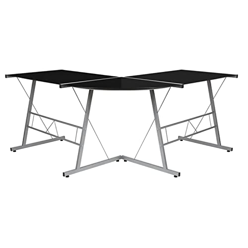 Flash Furniture Black Glass L-Shape Corner Computer Desk with Silver Metal Frame
