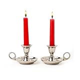 Glossy Silver Metal Candle Holders with Handle for Taper Candlestick Set of 2 by Rely+ - Modern Decor for Home Table Centerpiece, Wedding, Parties, Dinners, Christmas, Halloween, Thanksgiving, Easter