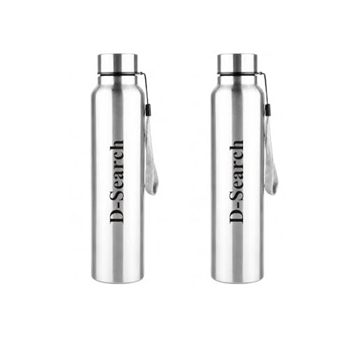 Image of D-Search Stainless Steel Water Bottle | 1000 ml | Silver Finish | Leak-Proof & Rust-Resistant |Shatter-Proof Food-Grade Steel Bottle for School, College, Office, Home, Kitchen, Gym & Travel pack of 2