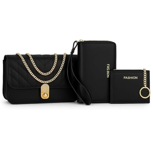Kit Bolsa feminina 3 em 1, Bolsa Transversal Matelassê com Alça Corrente Dourada, Carteira e Porta-Cartões, Acabamento Premium- Cor Preto