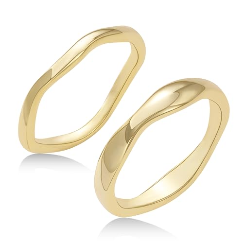 Gold Rings for Women Non Tarnish 14K Gold Plated Stackable Ring Set Simple Trendy Wave Rings Birthday Gifts for Mom Waterproof Gold Jewelry Size 5-10