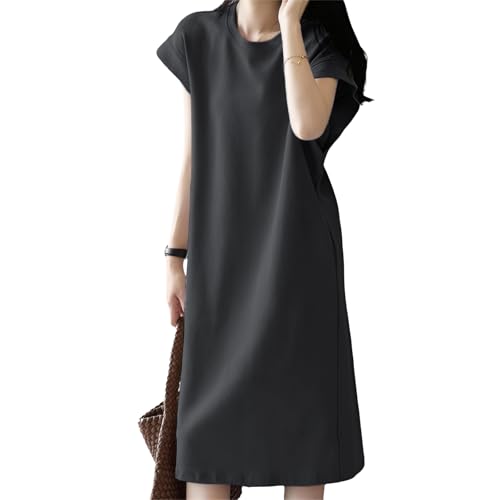 [MOWO] 【高見え×細見え】ワンピース レディース 春夏 【一枚だけOK・ゆったり体型カバー・すっきりとしたシルエット】 Tシャツワンピース カジュアル 着痩せ ドレス おしゃれ シンプル 通気性 薄手 無地 ミモレ丈 (JP, アルファベット, L, ブラック)の商品画像（Amazon）